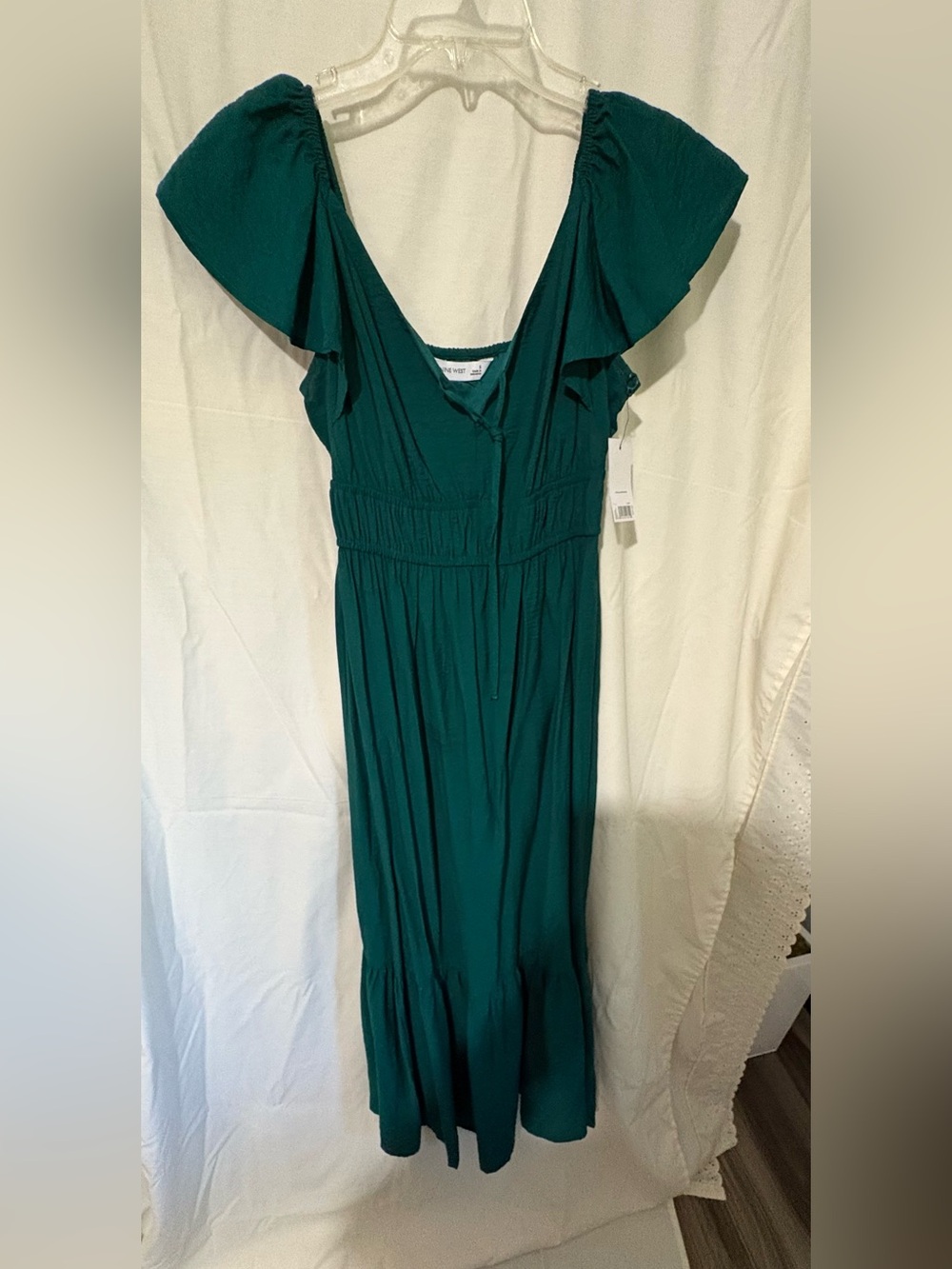 Nine West Teal V-Neck Ruffle Sleeve Maxi Dress
